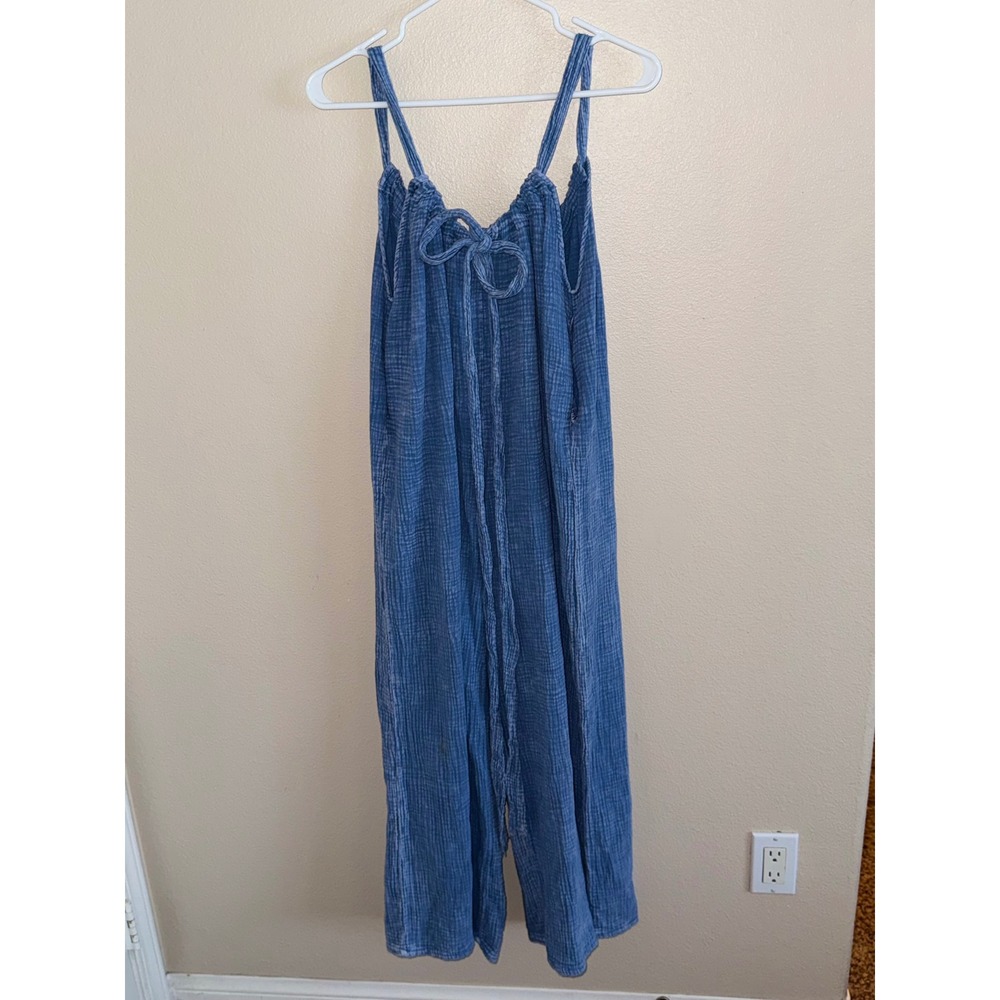 J.HER Blue Cotton Gauze Wide Leg Jumpsuit Med HJ6619 Spaghetti Strap Tie Front